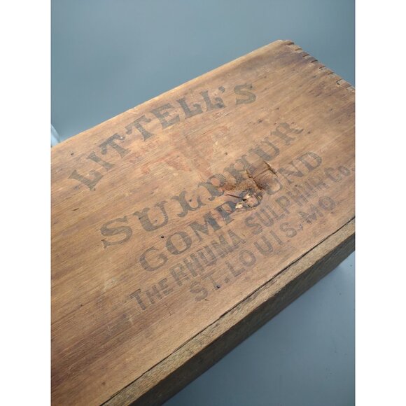 Antique 1900s Littell's Sulphur Compound Poultry Dovetail Wood Box, St. Louis MO - Picture 3 of 16